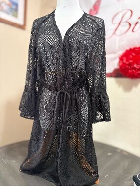 Women's Black Lace Swim Cover Up Drawstring Tie Waist, Solid Polyester XL